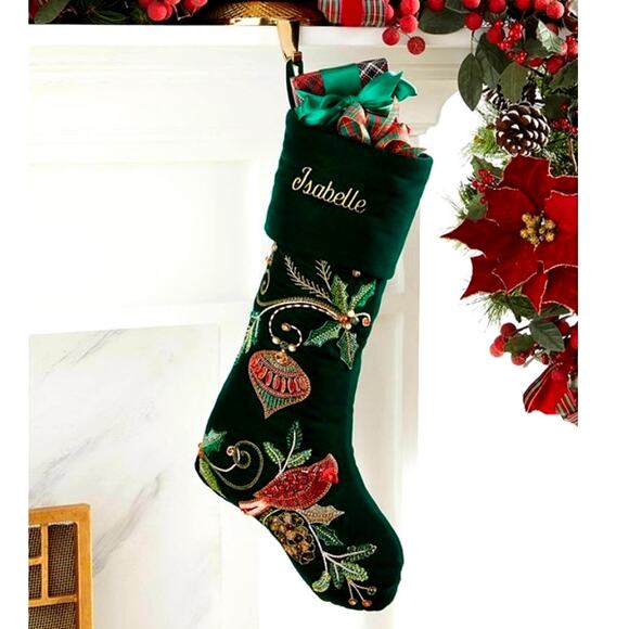 Neiman Marcus Embellished Green Velvet Christmas  Cardinal Stocking Holiday NEW - Picture 3 of 11